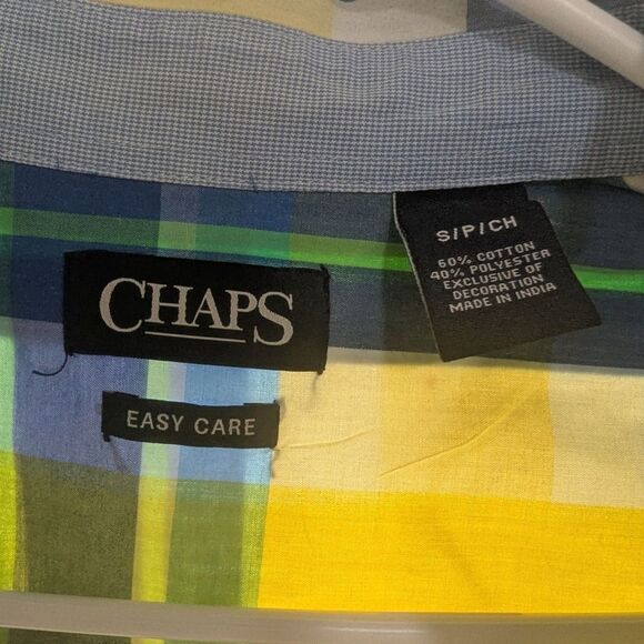 Chaps Men's S Yellow Plaid Short Sleeve Button Down Shirt Cotton Blend Classic - Picture 2 of 4